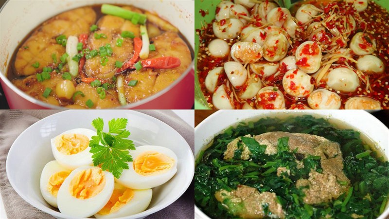 Cá thu kho mặn ngọt, cà pháo, rau luộc, trứng luộc, canh cua rau đay