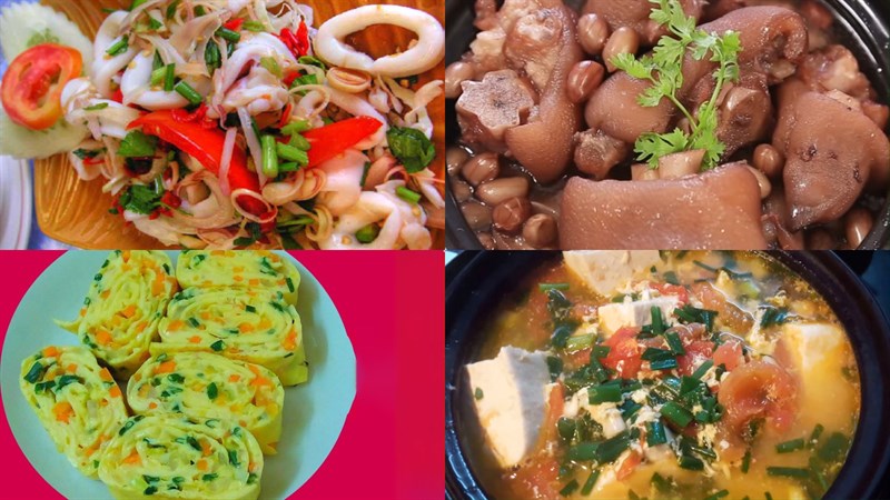 Gỏi tôm mực kiểu Thái, chân giò hầm, trứng cuộn rau củ, canh cà chua, mận Hà Nội tráng miệng