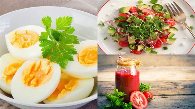 Bữa trưa: 2 quả trứng luộc, salad dưa hấu rau mầm, 1 ly nước ép cà chua