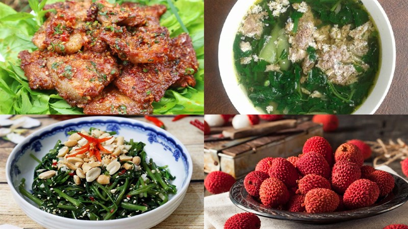 Thịt ba chỉ chiên sả, canh cua rau đay, nộm rau muống, vải tráng miệng