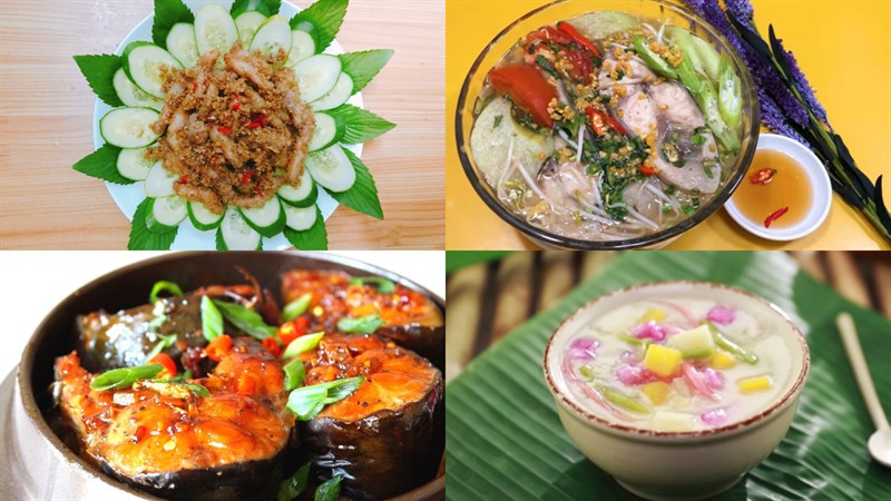 Mắm ruốc xào thịt, canh chua cá hú, cá hú kho thơm, chè bà ba