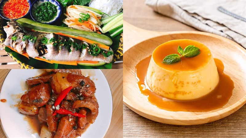 Cá lóc hấp bầu, thịt ba chỉ kho tiêu, bánh flan