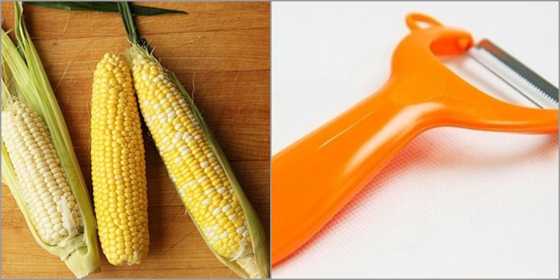 Nguy&ecirc;n liệu v&agrave; dụng cụ t&aacute;ch hạt bắp bằng dụng cụ b&agrave;o rau củ