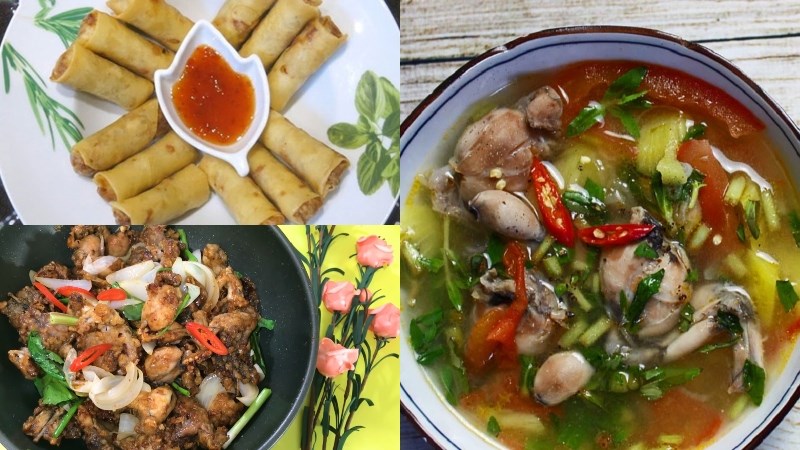 Bữa trưa: Chả giò, ếch xào hành, canh chua ếch