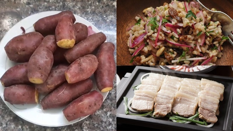 Bữa trưa: Khoai lang luộc, cơm gạo lứt, thịt nạc