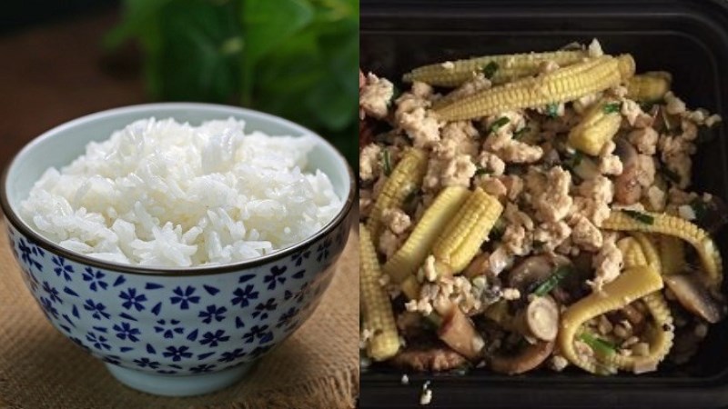 Cơm trắng, thịt xào bắp non