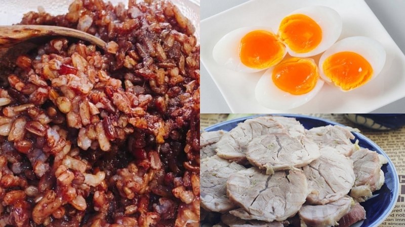 Cơm gạo lứt, thịt luộc, trứng luộc