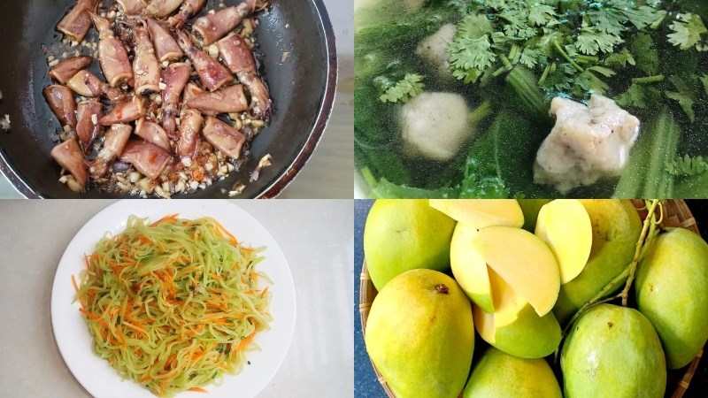6. Mankyi và cá Pyi Gyi với súp mù tạt sống, cà rốt và mướp đắng rán, tráng miệng bằng xoài.
