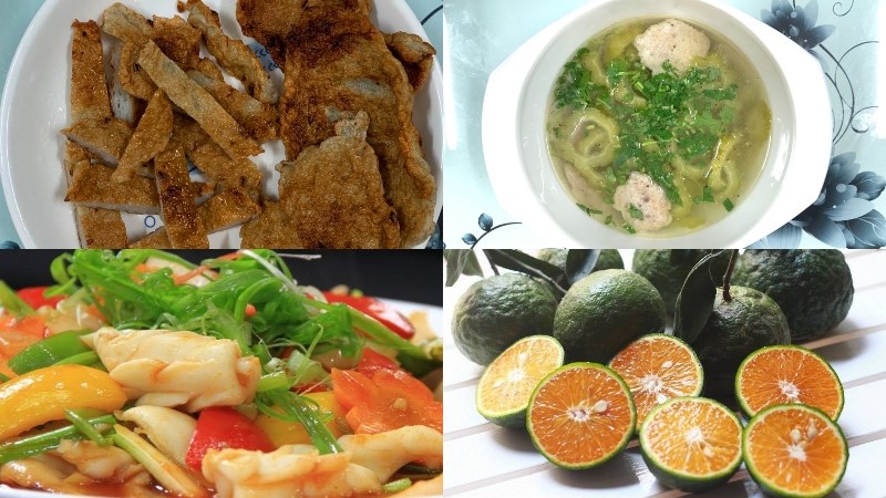 7. Chả cá chiên, canh khổ qua cá thác lác, mực xào chua ngọt, cam tráng miệng