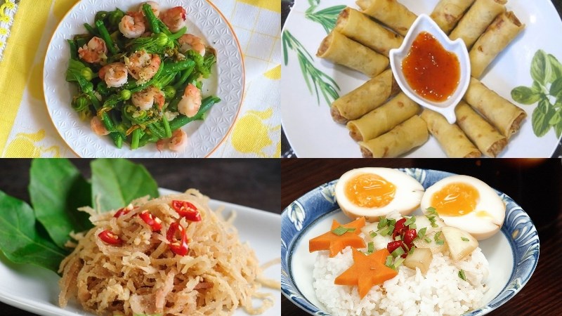 Thực đơn 4: Tôm xào bông bí, chả giò tôm thịt, nem thính, rau củ quả luộc, trứng ngâm nước tương, mít