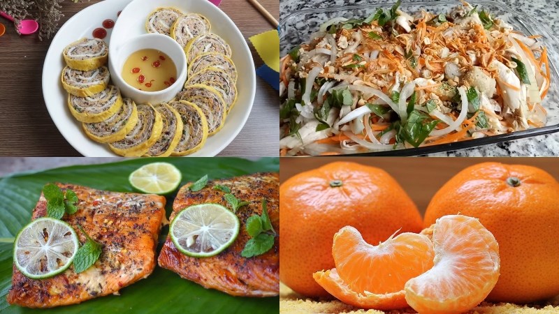 Thực đơn 6: Trứng hấp rau củ, gỏi gà hành tây, cá hồi nướng muối ớt, rau dền luộc, quýt