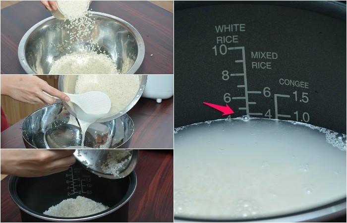 Bước 1 Đong gạo Nấu cơm bằng chế độ hẹn giờ ở nồi cơm điện tử