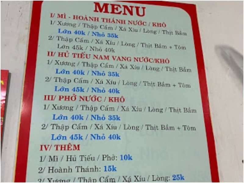 Thực đơn tại Quán Mì Hoành Thánh Minh Ký 
