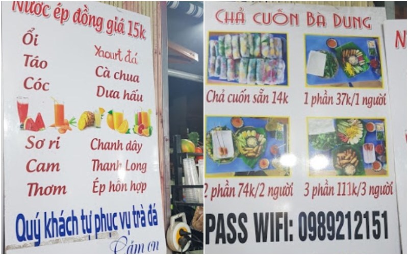 Thực đơn tại Quán Dung Chả Cuốn 