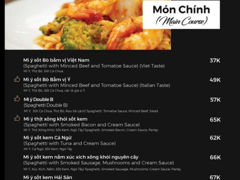 Thực đơn tại Quán Mì Ý Double B 