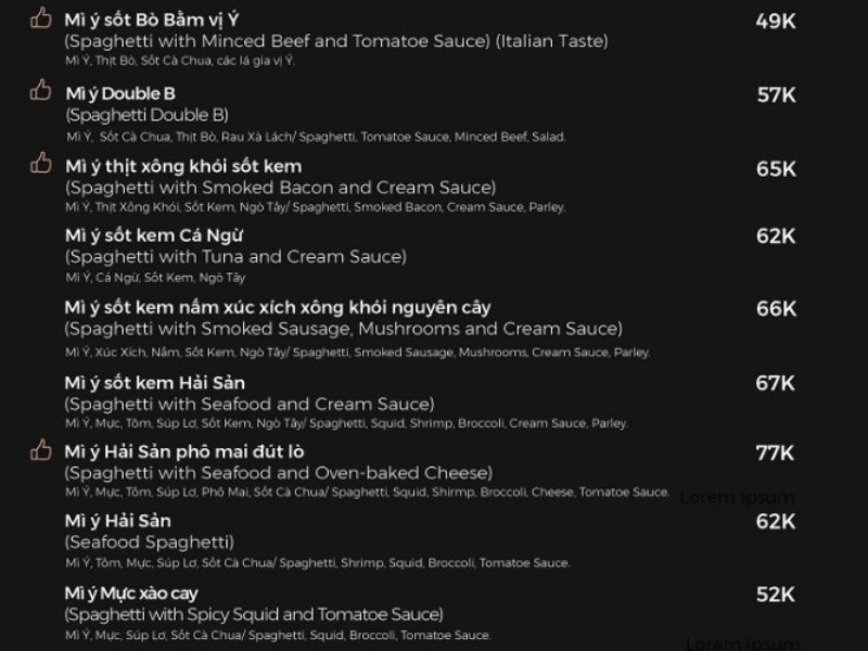 Thực đơn tại Quán Mì Ý Double B 