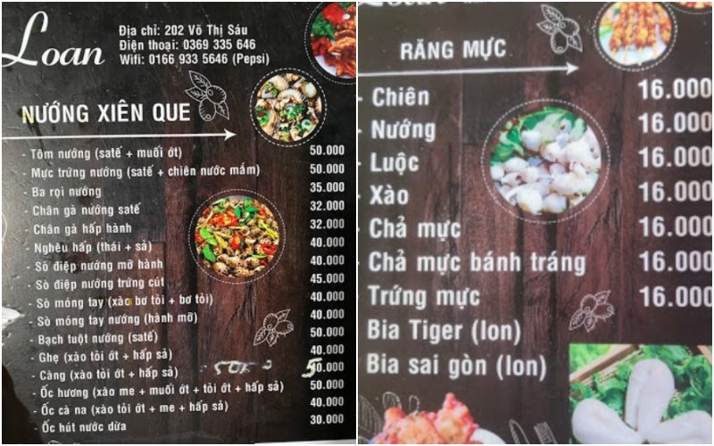 Thực đơn tại Quán Răng mực Loan 