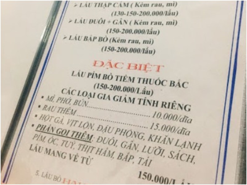 Thực đơn tại Quán Lẩu Bò Hai Tín 