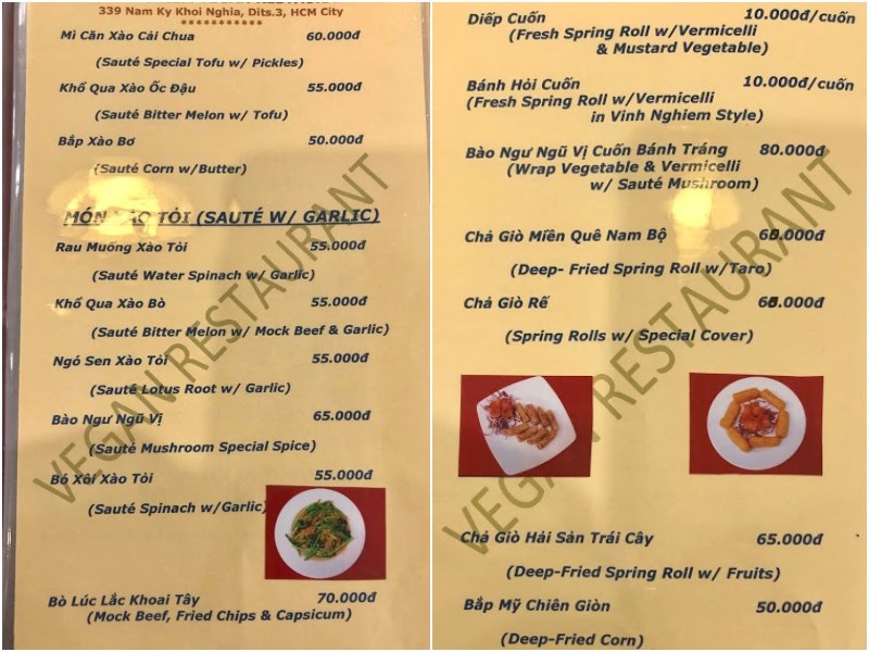 Thực đơn tại Nhà hàng Chay Vĩnh Nghiêm 
