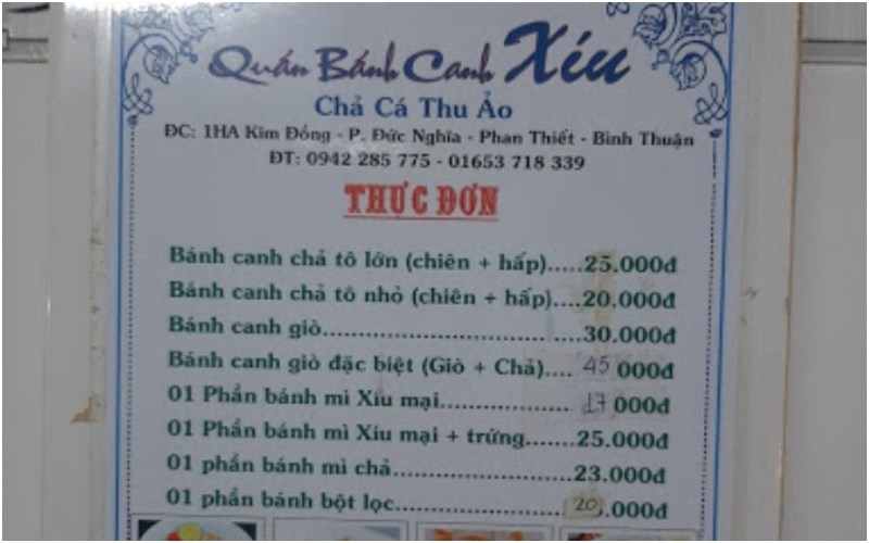 Thực đơn tại Quán Bánh canh Xíu 
