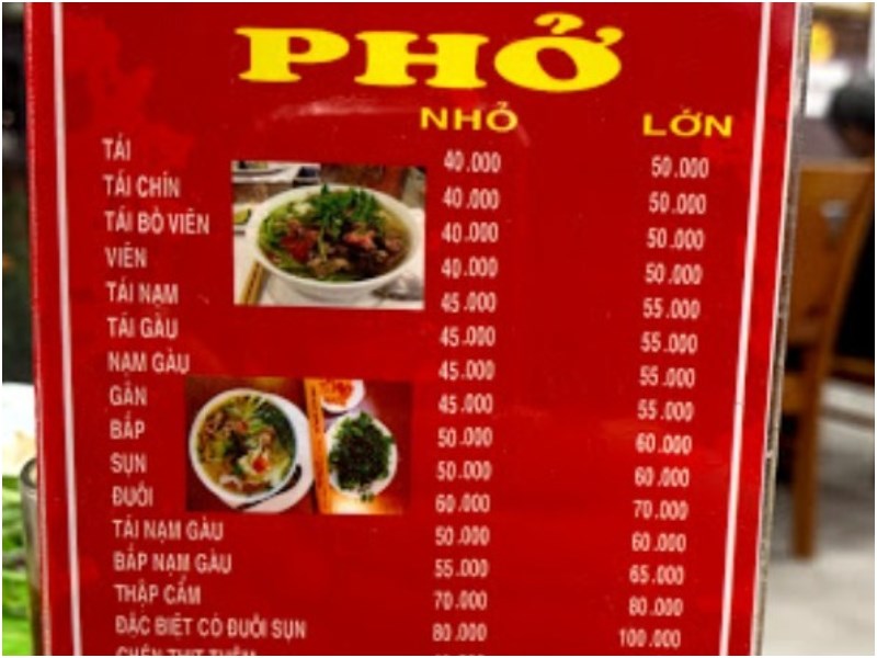 Thực đơn tại Quán Phở 10 
