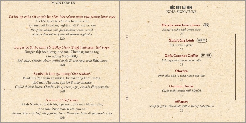 Thực đơn tại Nhà hàng Xofa Café & Bistro