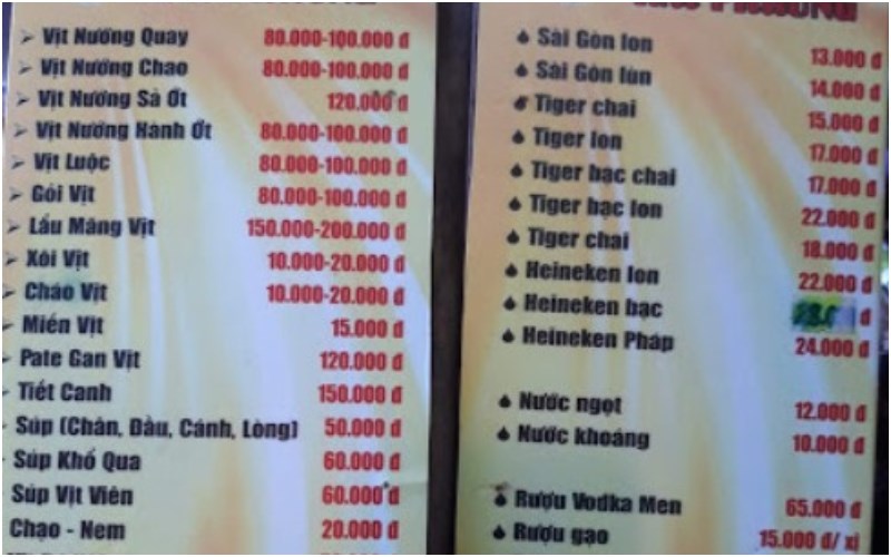 Thực đơn tại Quán Vịt Đồng Hai Phương