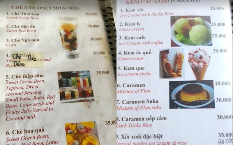 Menu quán kem xôi Thu Nga