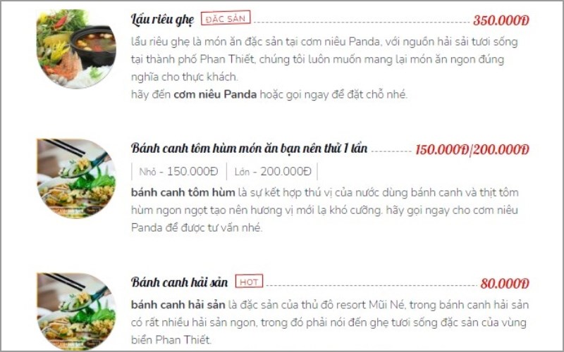 Thực đơn tại Quán Cơm Niêu Panda