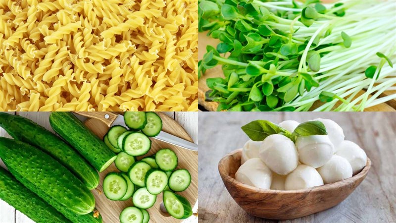 Nguyên liệu làm pasta salad dưa leo rau mầm