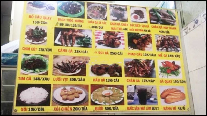 menu tiệm Chân kê Nướng Ánh Tuyết