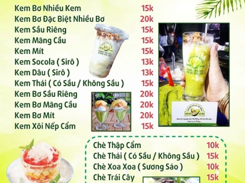 Thực đơn tại Quán Kem bơ cô Vân 