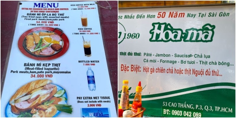 Thực đơn tại Quán Bánh Mì Hoà Mã