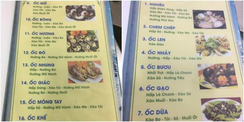 Thực đơn tại Quán Ốc Thành Long 