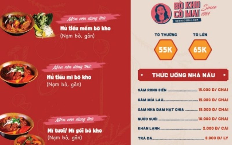Thực đơn tại Quán Bò Kho Cô Mai 