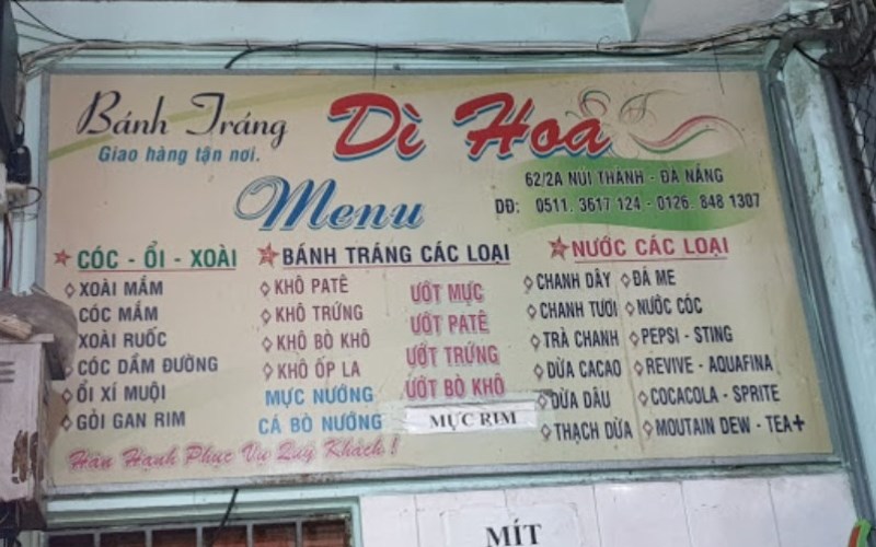 Thực đơn tại Quán Bánh tráng kẹp dì Hoa