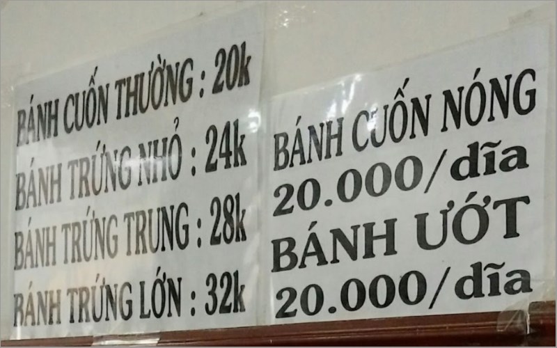 Thực đơn tại Quán Bánh Cuốn Minh Tú 