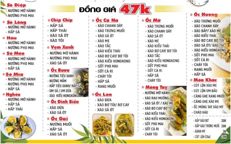Thực đơn tại Quán Ốc Ngon 