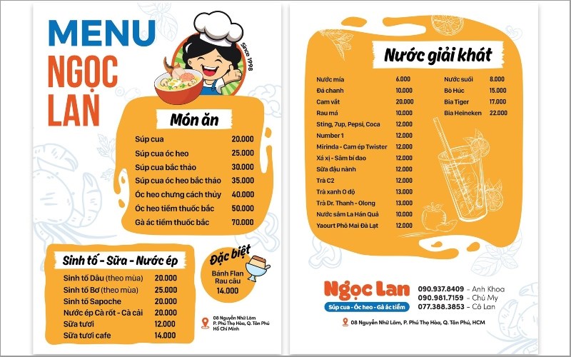 Thực đơn tại Quán Súp Cua Ngọc Lan 