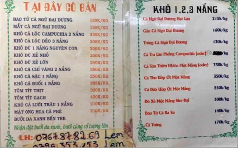 Thực đơn tại Quán Mì Thiệu Ký 