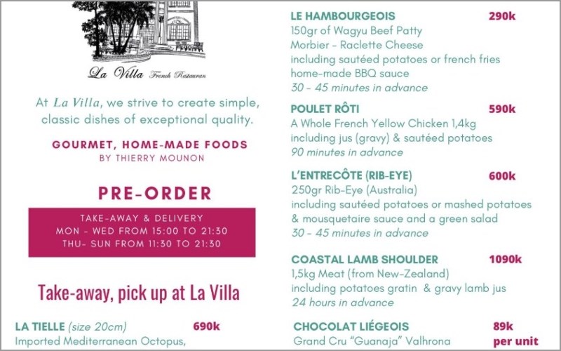 Thực đơn tại Nhà hàng La Villa French Cuisine 
