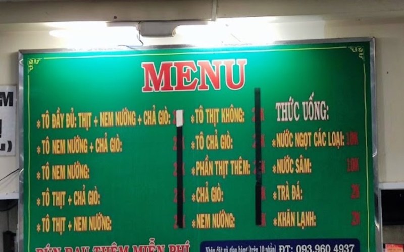 Thực đơn tại Quán Bún Thịt Nướng Kiều Bảo 
