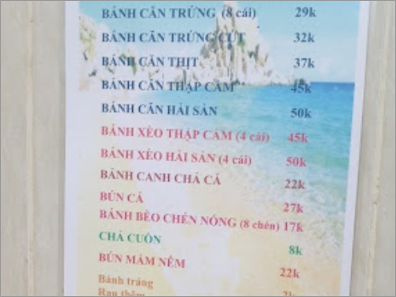 Thực đơn tại Quán Bánh xèo phan rang Cô Ba 