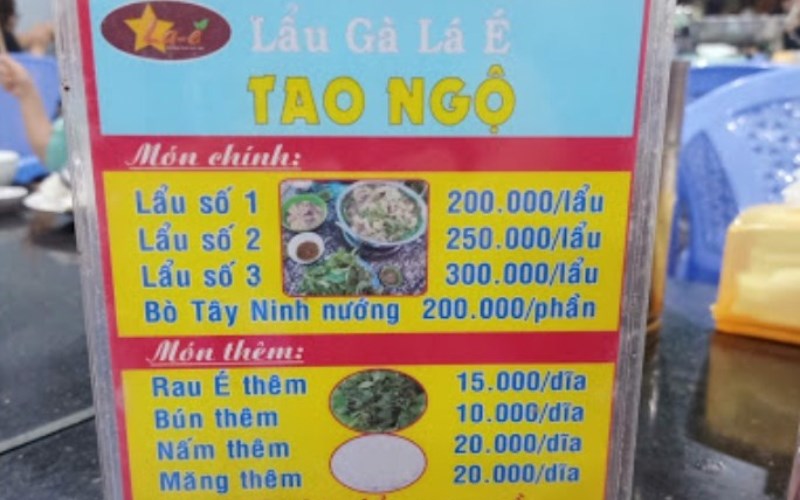 Thực đơn tại Quán Lẩu Gà Lá É Tao Ngộ 