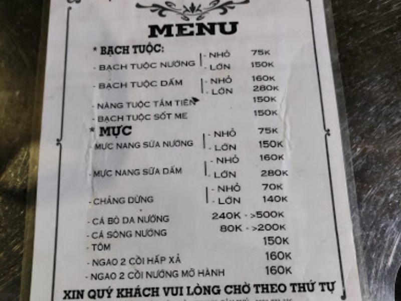 Thực đơn tại Quán Bạch Tuộc Kiên Giang 