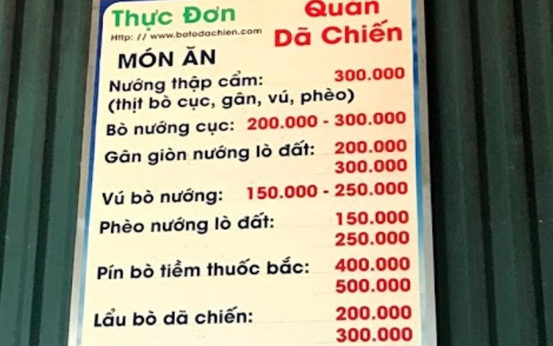 Menu Quán Bò Dã Chiến