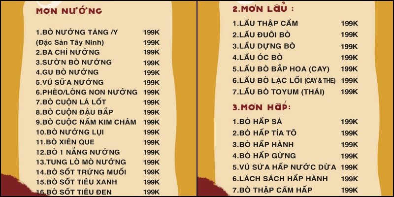 Menu Quán Bò Lạc Lối - Lẩu & Nướng