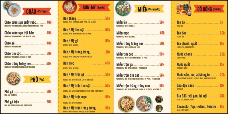 Menu Quán Cháo Sườn Huyền Anh