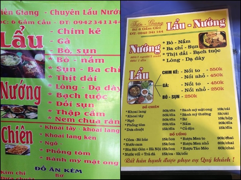 Menu Quán Đồ Nướng Gầm Cầu