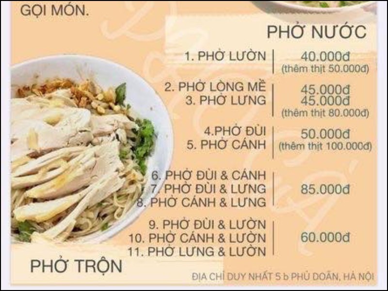 Menu Quán Phở Gà Nguyệt